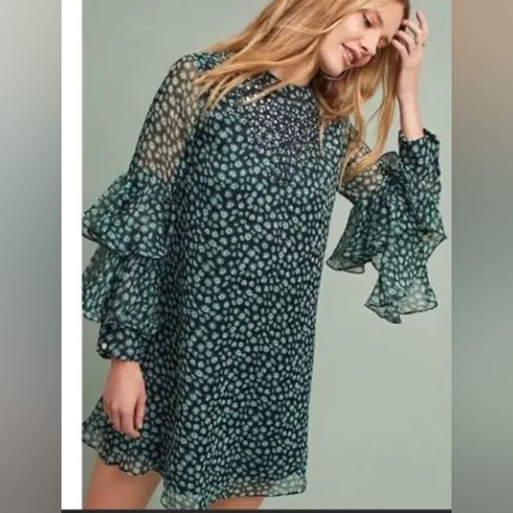 🏵️ Anthropologie Ranna Gill Ruffled Green and Black Mini Shift Dress NWT 🏵️